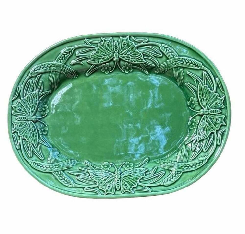 Bordallo Pinheiro Papillon Butterfly Wheat Oval Platter Green Majolica
